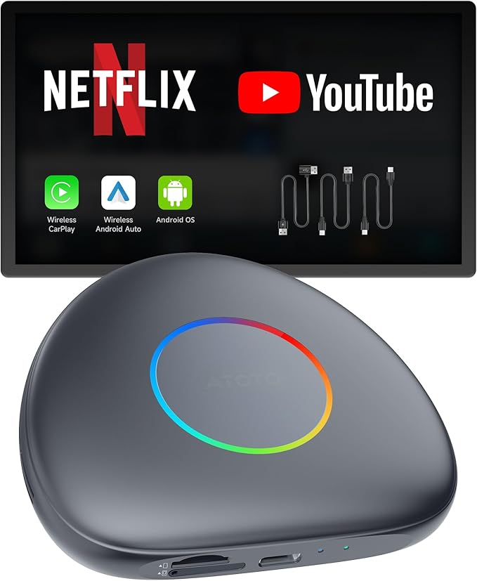 ATOTOMOVE Wireless CarPlay Magic AI Box, Upgraded CB6C Video Streaming Plug & Play Carplay Box for iPhone & Android Auto with ChatGPT, Supports YouTube, Netfilx, TikTok, 4G LTE, 4G+64G
