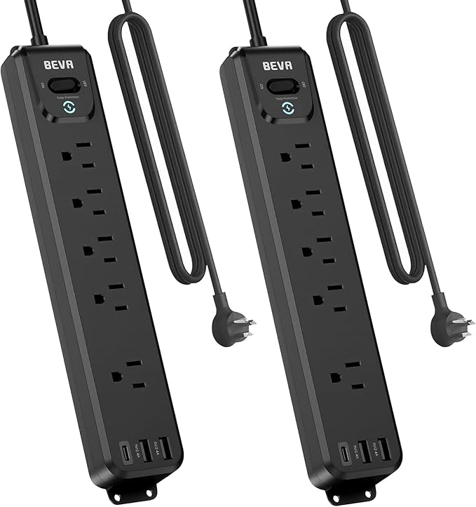 2 Pack Surge Protector Power Strip, 10FT Long Extension Cord with 5 Widely Spaced Outlets 3 USB Ports (1 USB C Port), Flat Overload Protection, 900 Joules, Wall Mount for Home Office Dorm, ETL Listed