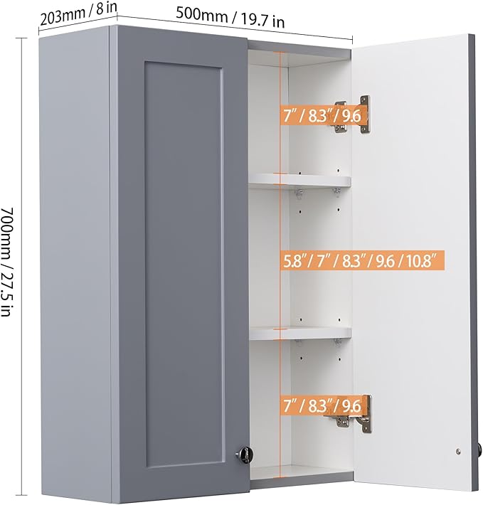 Bathroom Wall Cabinet, Over The Toilet Storage Cabinet, 19 x 27 inch Medicine Cabinet with Adjustable Shelves, Hanging Cabinet Grey for Bathroom, Living Room, Kitchen, Cupboard