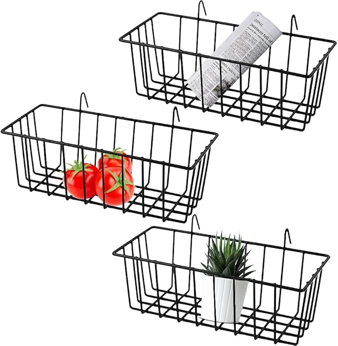 Gddochn 3 Pack Grid Panel Hanging Wire Basket, Storage and Display Basket for Wall, Kitchen, Home Decor Supplies, Potted Plants, Black