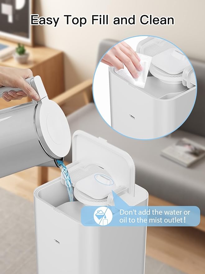 Zeova 10L/2.64Gal Humidifiers for Bedroom, Top Fill Quiet Ultrasonic Cool Mist Humidifier Large Room, Covers 550ft², 60H Runtime, 24H Timer, 3 Mist Modes Humidifiers for Home, Office, Plants, White
