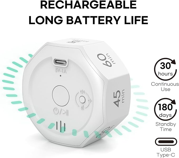 Flip Cube Pomodoro Timer - Rechargeable Visual Countdown & Count Up Stopwatch, 7 Preset Intervals, 3 Alarm Modes, Productivity Tool for ADHD, Kids, Study, Work & Kitchen (White)