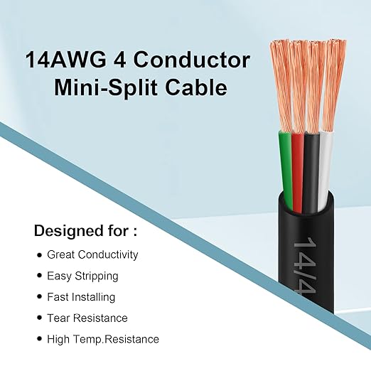 MOOKEERF 14/4 AWG Mini-Split Cable - 150FT 14 AWG 4 Conductor Control Cable 300V Stranded Oxygen-Free Pure Copper Wire for Mini Split Air Conditioner,Heat Pump,HVAC Systems and Speaker Systems