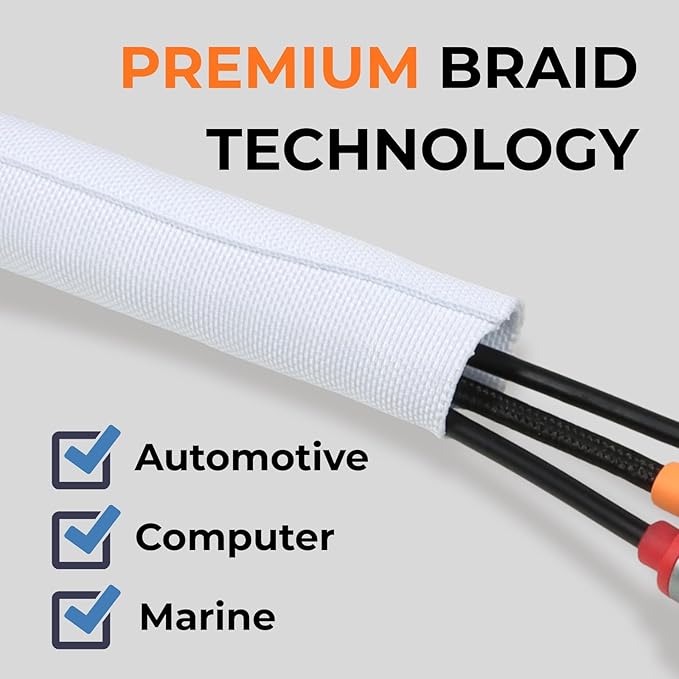 Holed 1 inch Split Braided Cable Management Sleeve for USB Cable Power Cord Audio Video Cable, High-Temperature Automotive Harness Wire Loom Cord Protector from Cat Dog Chewing (White, 10FT)