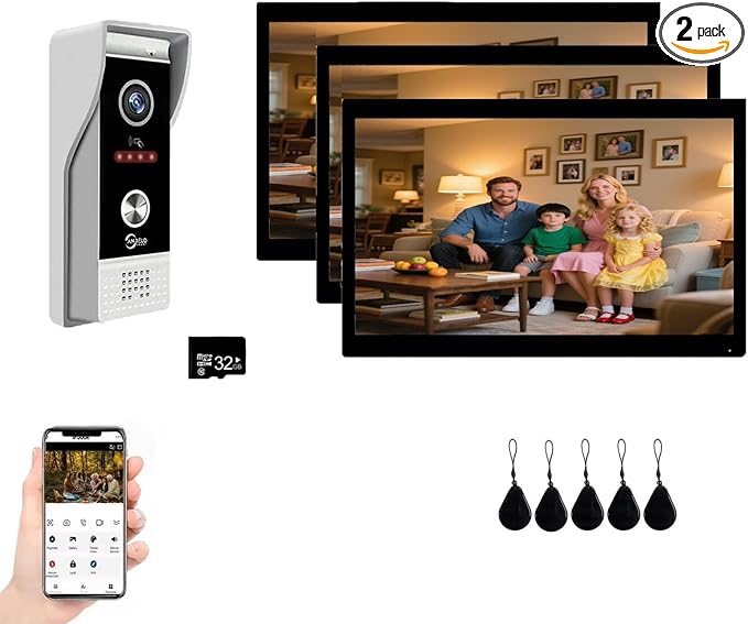 Video Doorbell Intercom System,10 Inches Touch Screen (Black) Video Doorbell Door Phone System,Support Remote Unlock, Dual-Way Intercom,Night Vision for Villa House Apartment (1-Camera + 3-Monitor)