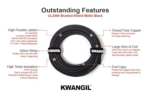 KWANGIL 8C 22AWG AMSB Shielded Cable Wire (UL2464) - Highly Flexible Str TC, PVC Ins, OS+TC BRD, PVC JKT for CNC Machine, Stepper Motor, VFD Spindle (Matte Black 25FT)