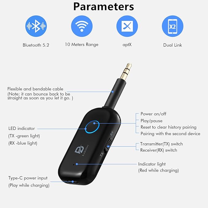 Bluetooth 5.2 Audio Transmitter Receiver for TV, Bluetooth Transmitter for Headphones, 2 BT Devices Connections, 3.5mm Jack Aux Airplane Headphone Adapter for Car/Home Stereo, Black