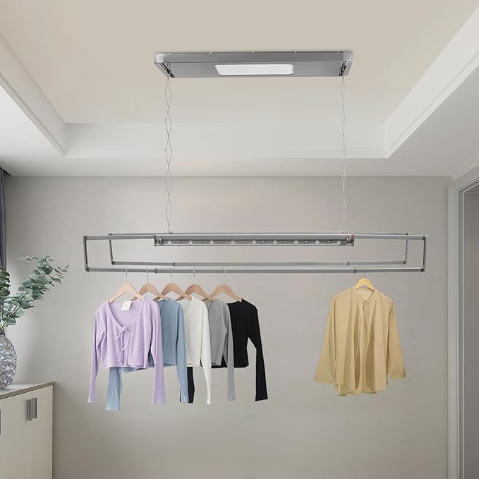 banborba Electric Retractable Airing Rack, Ceiling Mounted Clothes Drying Rack, Retractable Clothesline, Vertical Laundry Drying Rod with LED Light & Remote, 110V 24W, Gray