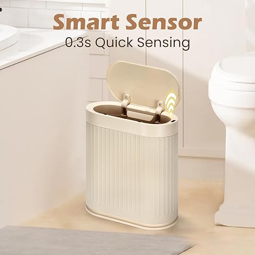 Bathroom Trash Can with Lid Automatic 2 Gallon Sensor Trash Bin, 7.5 Liter Smart Rubbish Bin, Motion Sensor Waterproof Bathroom Decor, Plastic Narrow Garbage Can for Bedroom, Office, Beige