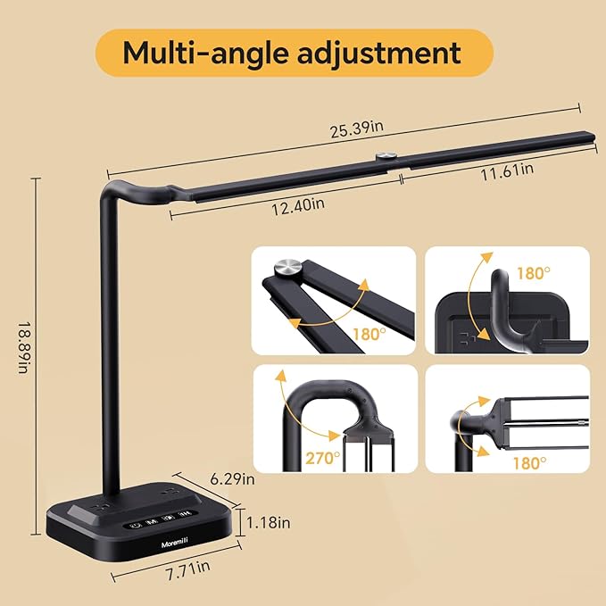 Moremili Adjustable LED Desk Lamp for Home Office | Integrated Power Hub with 2 Wide-Spaced AC Outlets, USB-C & USB-A Charging Ports | Anti-Glare Light, Foldable Design & Surge Protection