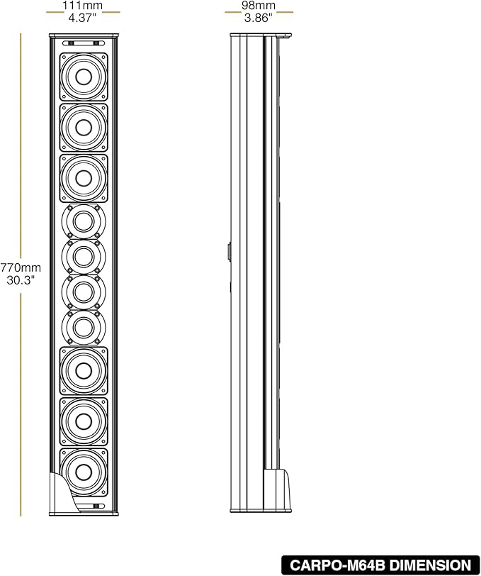 Sound Town Weatherproof Compact Aluminum Line Array Column Speaker with Wall Mount Bracket, 6 x 3 Woofers, 4 x 1.2 Dome Tweeters, Black, for Church, Indoor & Outdoor Installation (CARPO-M64B)