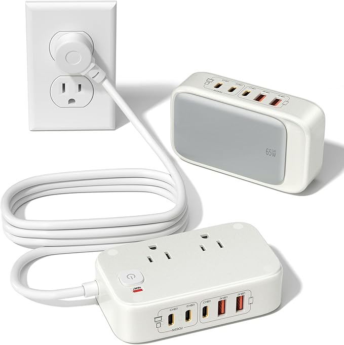 KWRNVO Power Strip with USB Ports 175W GaN 7-in-1 USB C Charging Station Type C & USB A Ports with AC Outlets 2500W for Multi Devices for Phone/Laptop/Home Appliances