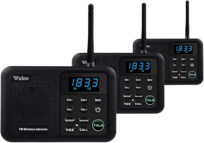 Wuloo Intercoms Wireless for Home 1 Mile Range 22 Channel 100 Digital Code Display Screen, Wireless Intercom System for Home House Business Office, Room to Room Intercom Communication(3Stations Black)