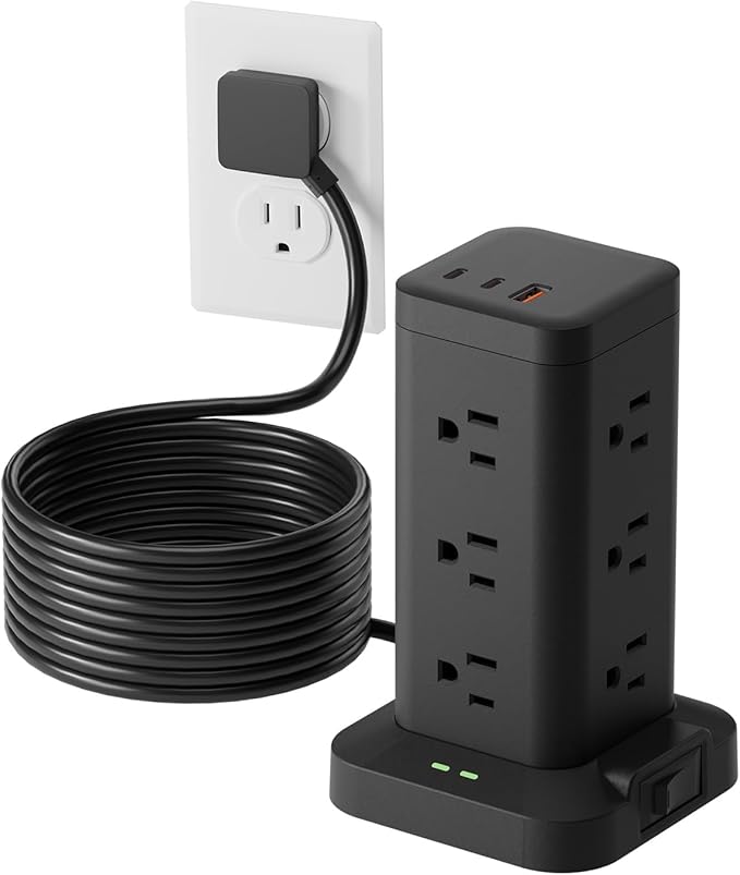 Tagzilo 15-in-1 Power Strip Tower with Surge Protector 1800J, Fast Charging Tower PD20W USB-C Ports with 12 AC Outlets, 15ft Extension Cord for Home Office Dorm Room, Black