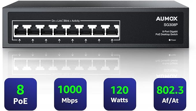 8 Port Gigabit PoE Switch, 8 Port PoE 120W, Gigabit Ethernet Unmanaged Network by AUMOX