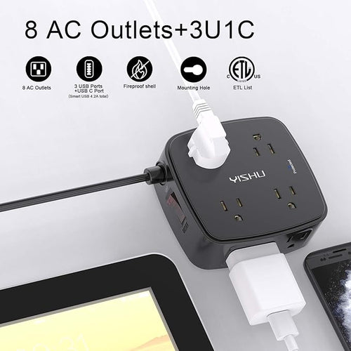 10 Ft Surge Protector Power Strip - YISHU 8 Widely Outlets with 4 USB Ports, 3 Side Outlet Extender with 10 Feet Flat Extension Cord, Ultra Flat Plug, Wall Mount, Desk USB Charging Station, ETL, Black