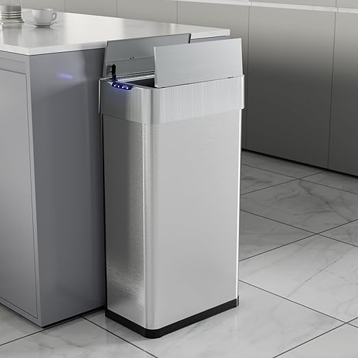 TLSUNNY 16 Gallon Automatic Trash Can, Stainless Steel Motion Sensor Garbage bin, Smart Trash Can W/Butterfly Lid, Bag Retainer Ring and Display Light for Living Room,Kitchen,Office (Silver, 60L)