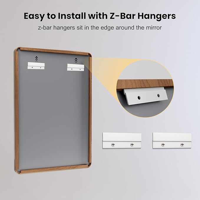 LOAAO 60X30 Inch Bathroom Mirror with Wood Grain Colored Metal Frame, Rounded Rectangle Metal Framed Bathroom Mirror, Anti-Rust, Hangs Horizontally or Vertically, Tempered Glass