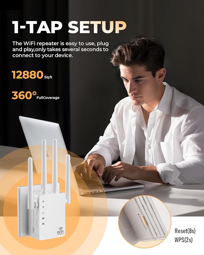 WiFi Extender, WiFi Extender Signal Booster Dual-Band(5.8G&2.4G) Wireless Repeater Coverage to 12880 sq. ft & 105 Devices, 1-Tap Setup, Supports Ethernet Port, Faster Speed