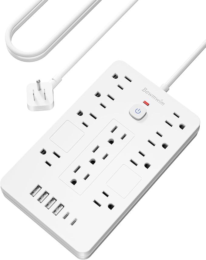 Bawmwim Surge Protector Power Strip - 11 Outlets(1850W/15A) with 6 USB Ports(2 USB C), 10FT Flat Plug Extension Cord, Wall Mount, White, ETL Listed for Home, Dorm Room