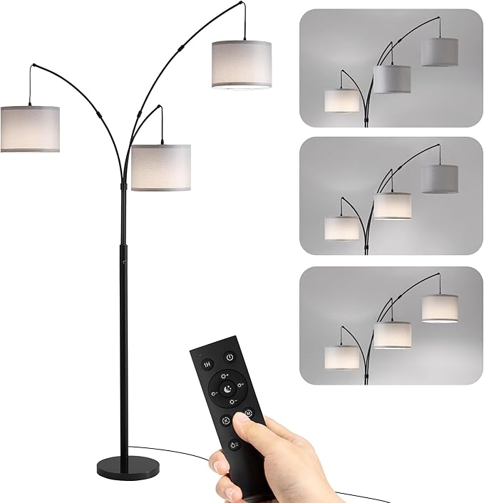Fansdrick Floor lamp with Remote, 3 Light Arc Floor Lamps for Living Room, 2400LM Tall Standing Floor Lamps with Gray Shades, 80" Large Floor Lamp for Bedroom, Office