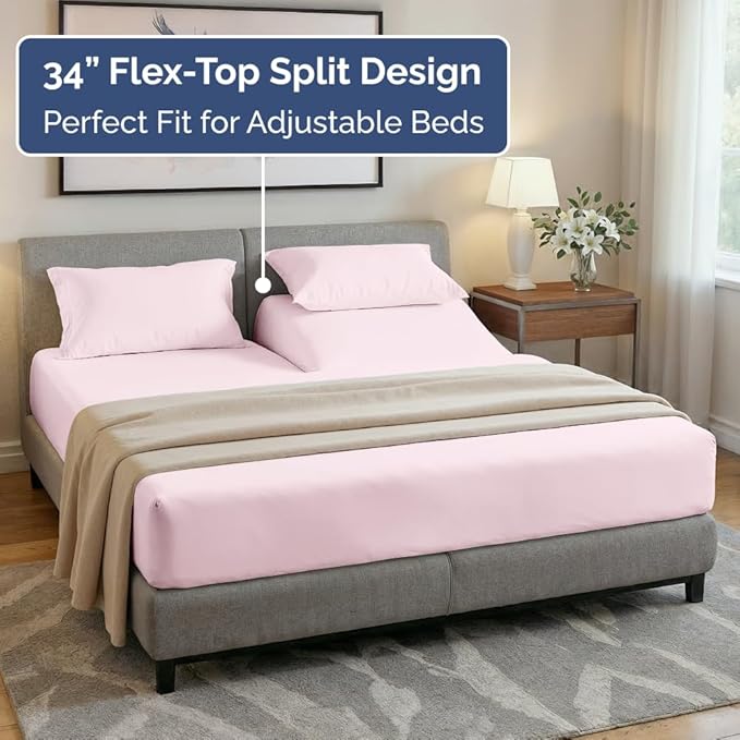 Split Head King Sheet Set – 4 Piece Flex Split Top King Sheets for Adjustable Beds - Fits 14” to 16" Mattress w/ Deep Pockets - Breathable & Cooling - Luxury Bedding and Wrinkle Free - Lavender Pink