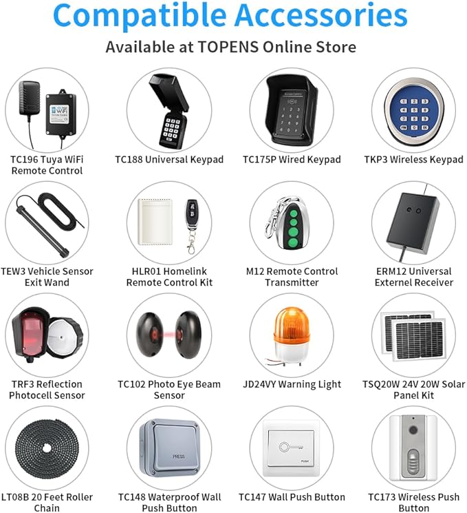 TOPENS DKC1100S Solar Sliding Gate Opener Chain Drive Automatic Gate Motor for Heavy Driveway Slide Gates Up to 2600 Pounds, Electric Gate Operator Battery Powered with Solar Panel Remote Control Kit