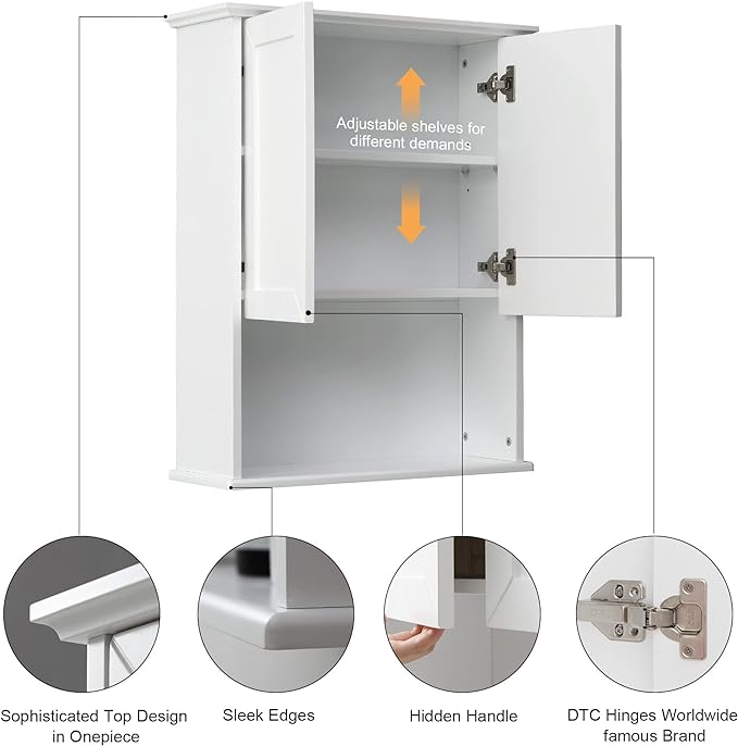 Bathroom Wall Cabinet Wooden Medicine Cabinet Buffering Hinge MDF Material Over Toilet Storage 23"x29" and Adjustable Shelves Cupboard Above Toilet with Large Space