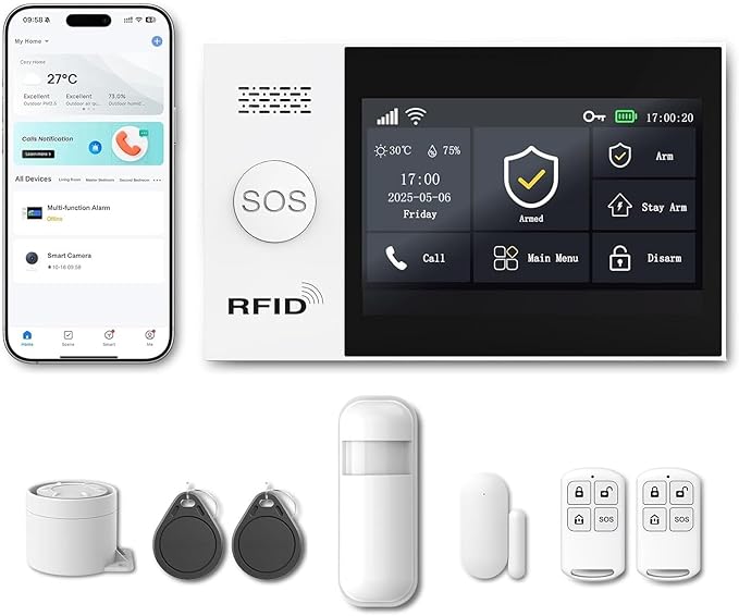 WiFi Wireless Alarm System for Home Security - 24/7 Protection Smart Home Devices 4.3" Touch Screen, GSM/4G+WiFi, App Instant Alerts, No Monthly Fee, Alexa Compatible for House Apartment Office(8Pcs)