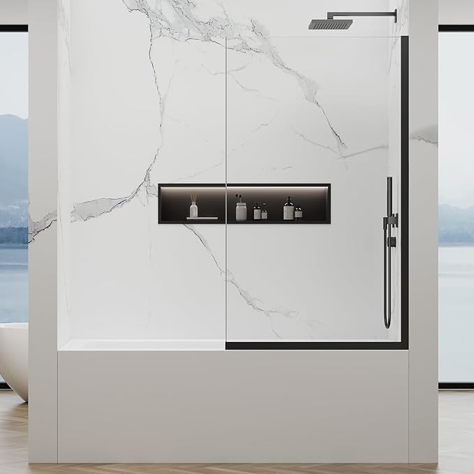 35" W x 60" H Bathtub Fixed Glass Panel, 3/8" (10mm) Tempered Glass with Dual Nano Coating, Frameless Shower Door, Bath Tub Shower Screen, Matte Black