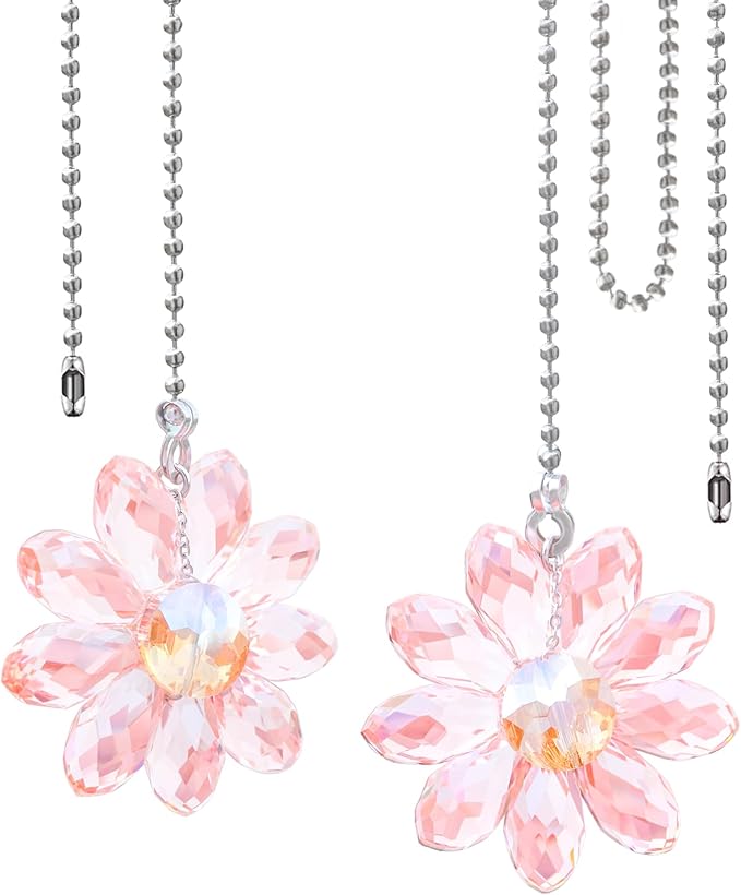LEFERS Ceiling Fan Pull Chain, 2 Pieces 1.8" Crystal Glass Flower Pendants with 24" Ceiling Fan Chain Extender and Connector (Pink)
