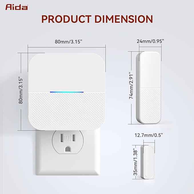 AIDA Door Alarms When Opened Wireless Ring Chime Sensor Alarm for Business/Home/Kids - 600ft Range, 58 Ringtones, 5 Volume Levels, Open Alert, Easy Install (1 Receiver + 2 Sensor)