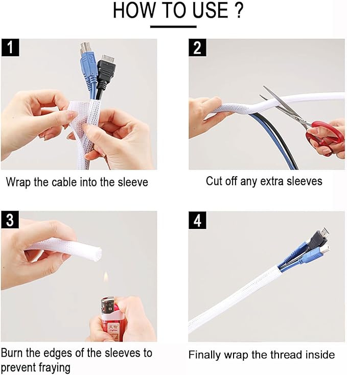 QCSIW 1/2" x 10ft Black/White Cable Sleeve - Protects Cords from Pets & Organizes Wires - Modern Style - Polyester Material - Flame Retardant - Easy to Use & Cut(White, 1/2"-10ft)