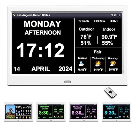 FEYBYLA 2025 New Digital Clock with Temperature/Humidity & Weather Forecast, Auto Time Sync Large Display, Custom Alarms & Medication Reminders, Ideal for Elderly (White, 10.1inch)
