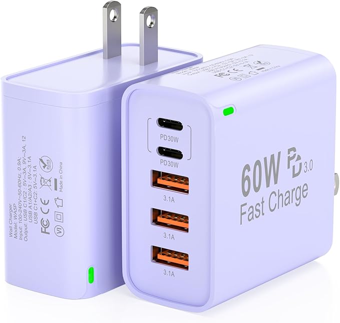 2Pack USB C Fast Charger Block, Total 60W 5-Port USB C Wall Charger 30W Type C Charging Block, 2USB C+3USB A PD 3.0 Multiport Charging Cube for iPhone 17 16 15 14 Pro Max, G-alaxy S25 S24 Ultra, i Pad