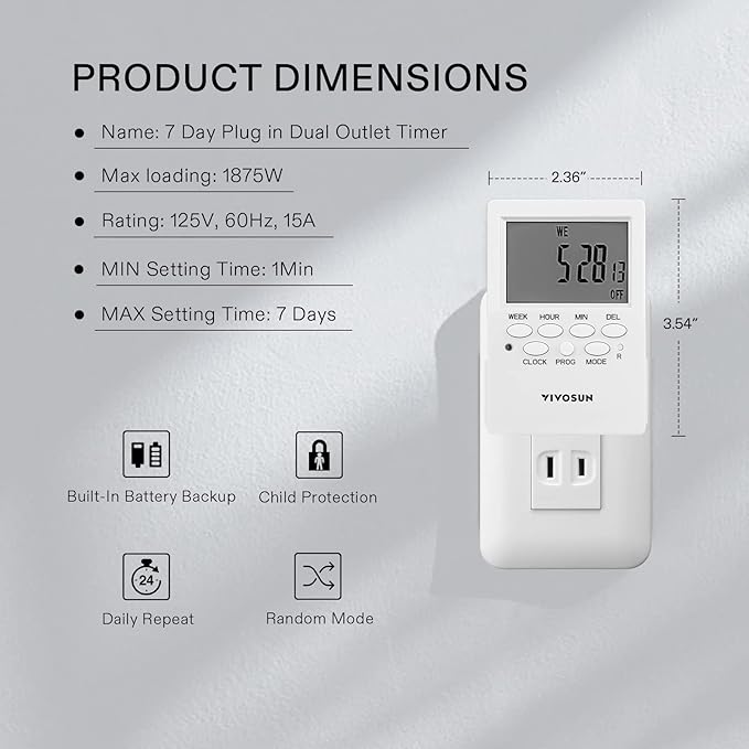 VIVOSUN 7 Day Programmable Digital Timer with Dual Outlet, 20 On/Off UL Listed Heavy Duty Plug-in Outlet Timer with Countdown Setting, Indoor for Lamp, Fan, Heater, Humidifiers, Aquarium (2 Pack)