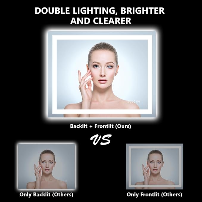 YEELAIT 40x32 Inch LED Bathroom Mirror with Lights Front and Backlit Lighted Vanity Mirror for Bathroom Wall with 3 Colors Dimmable Anti-Fog Memory Shatter-Proof IP54 Waterproof Horizontal/Vertical