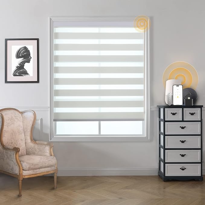 MUSCLEAREA Motorized Blinds with Remote, Cordless Automatic Zebra Shades, Smart Blind for Windows, White, 28 x 72