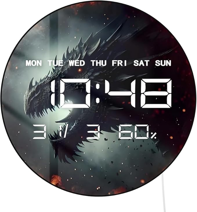 Timethink 12 Inch Evil Dragon LED Digital Wall Clock Large Display, Dark Dungeon Dragon Lamp Electric Wall Clock Automatic Dimming, 12/24hr, Temperature, Date, Plug in LED for Man Cave Gothic Decor