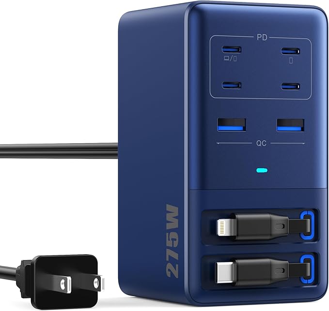 USB C Charger 275W Charging Station with Retractable Dual Cables,Upgraded 8-in-1 GaN IV Fast Charging Hub Block+PD QC PPS 65W Laptop Adapter for MacBook Pro/Air,iPad,iPhone 17/Pro,Galaxy S24,Dell-Navy