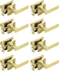 Mengico 8 Pack Passage Door Levers Gold Finish, No-Locking Keyless Square Door Knob, Interior Door Handles for Closet and Hallway, Reversible for Left & Right Handed