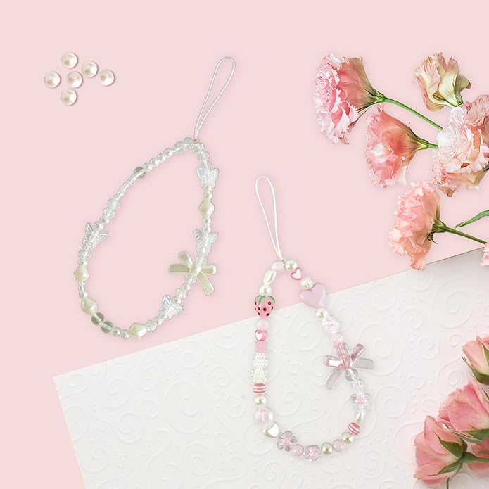 Pink Beaded Phone Wrist Straps, Y2K Phone Case Charms Camera Charm Strap - Image 4