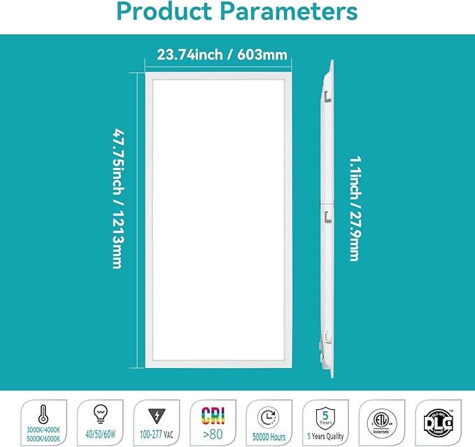 VocgoUU 2x4 LED Flat Panel Light, 24 Pack, Selectable 40W/50W/60W, 3000K/4000K/5000K/6000K, 0-10V Dimmable, ETL Certified, 6600LM, Drop Ceiling Office Lighting
