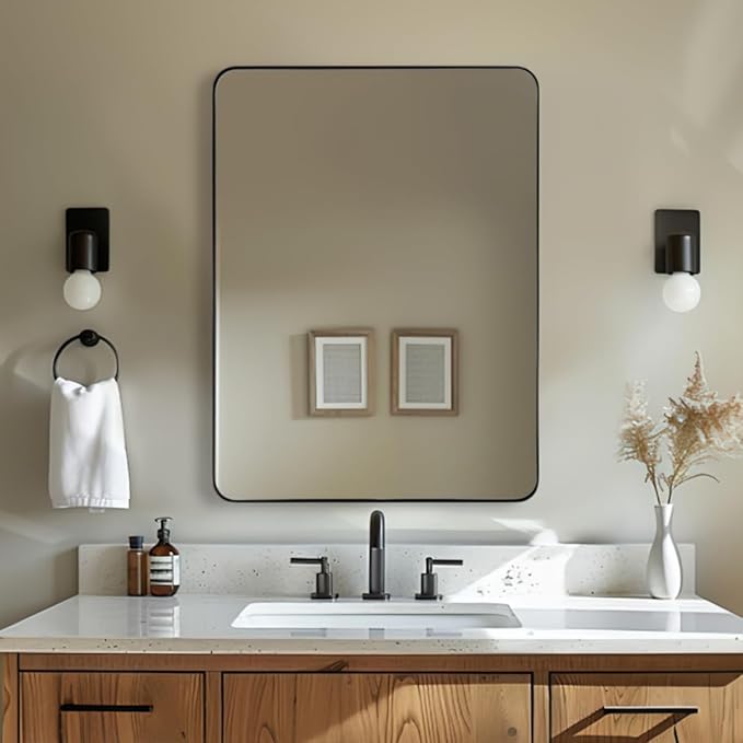 ANDY STAR Wall Mirror for Bathroom with Stainless Steel Metal Frame, 22"x30" Rectangle Rounded Corner Frame, Matte Black Finish