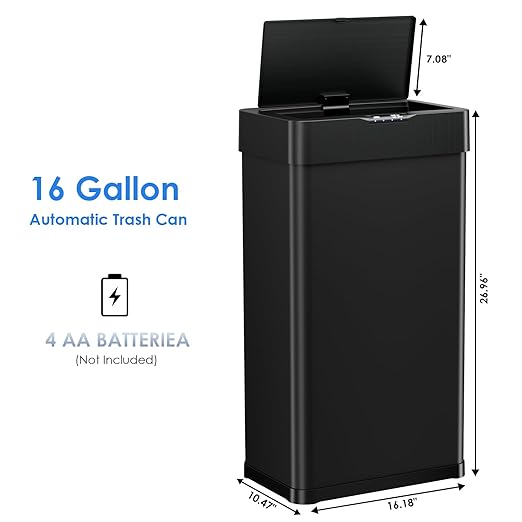 AthLike Sensor Trash Can, Touchless Motion Sensor Trash Bin, Smart Automatic Garbage Can with Soft-Close Lid, Bag Retainer Ring and Display Light,for Kitchen,Living Room Office (Black, 16 Gal)