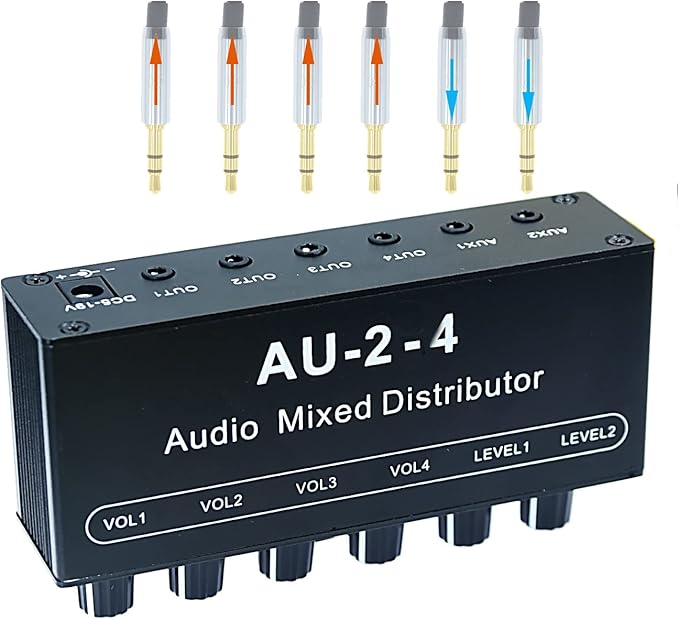 1/8" aux Input Mixing 2 in 4 Channel Way Out Headset Box Headphone Amplifier 3.5mm Mixer 1/8 inch Stereo Audio Amp with Ultra-Compact Portable mini Jack 3.5 Splitter hup for Studio and Stage