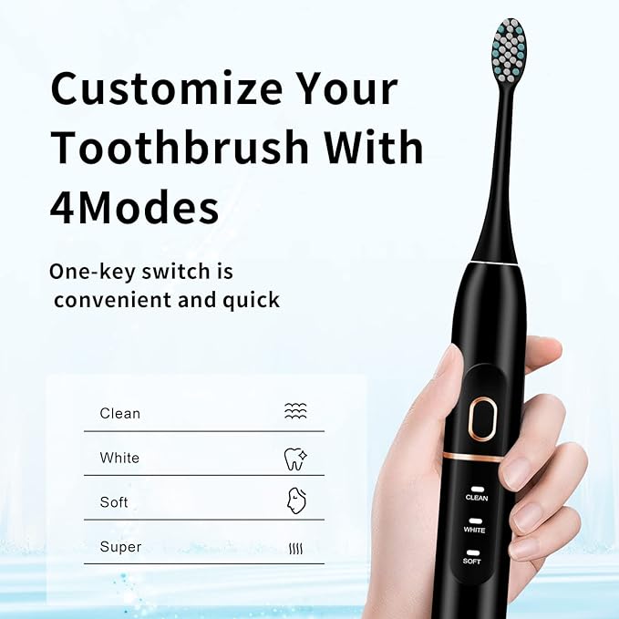 kingheroes Electric Toothbrush Set, Comes with 8 Brush Heads & Travel Case,4 Modes with 2 Minutes Built in Smart Timer, One Charge for 60 Days, 42000 VPM Motor (Black)