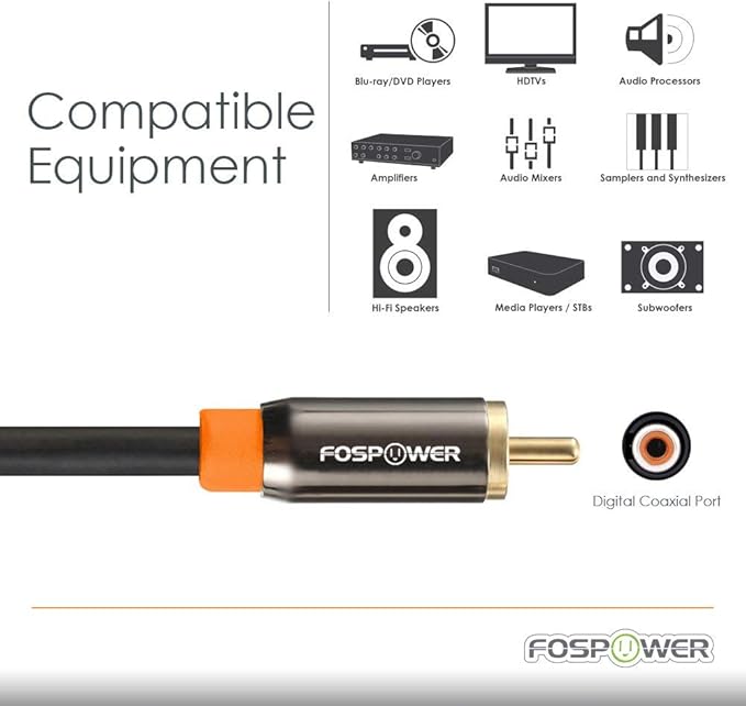 FosPower Digital Audio Coaxial Cable [24K Gold Plated Connectors] Premium S/PDIF RCA Male to RCA Male for Home Theater, HDTV, Subwoofer, Hi-Fi Systems - 6ft