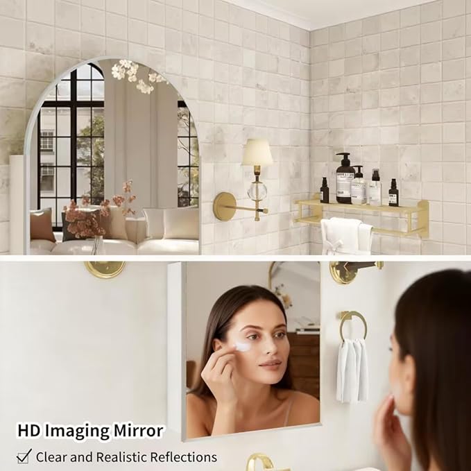 24x36 Inch Arch Bathroom Mirror Medicine,Cabinet,Brushed Silver Wall Mounted Bathroom Mirror with Storage,Adjustable Glass Shelves,Surface Mount Only,Mirrored Medicine Cabinets for Bathroom