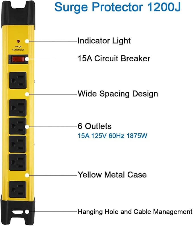 Heavy Duty Power Strip Surge Protector - 6 Outlet Industrial Strip with 15A, 25 FT Cord, 1200 Joules - ETL Listed Yellow Metal for Shop, Workshop, Garden